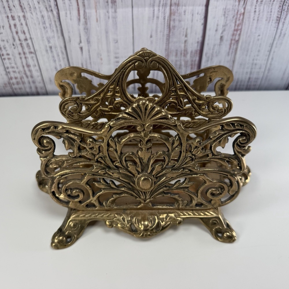 Vtg large ornate Victorian style brass double napkin/letter holder 70s 80s